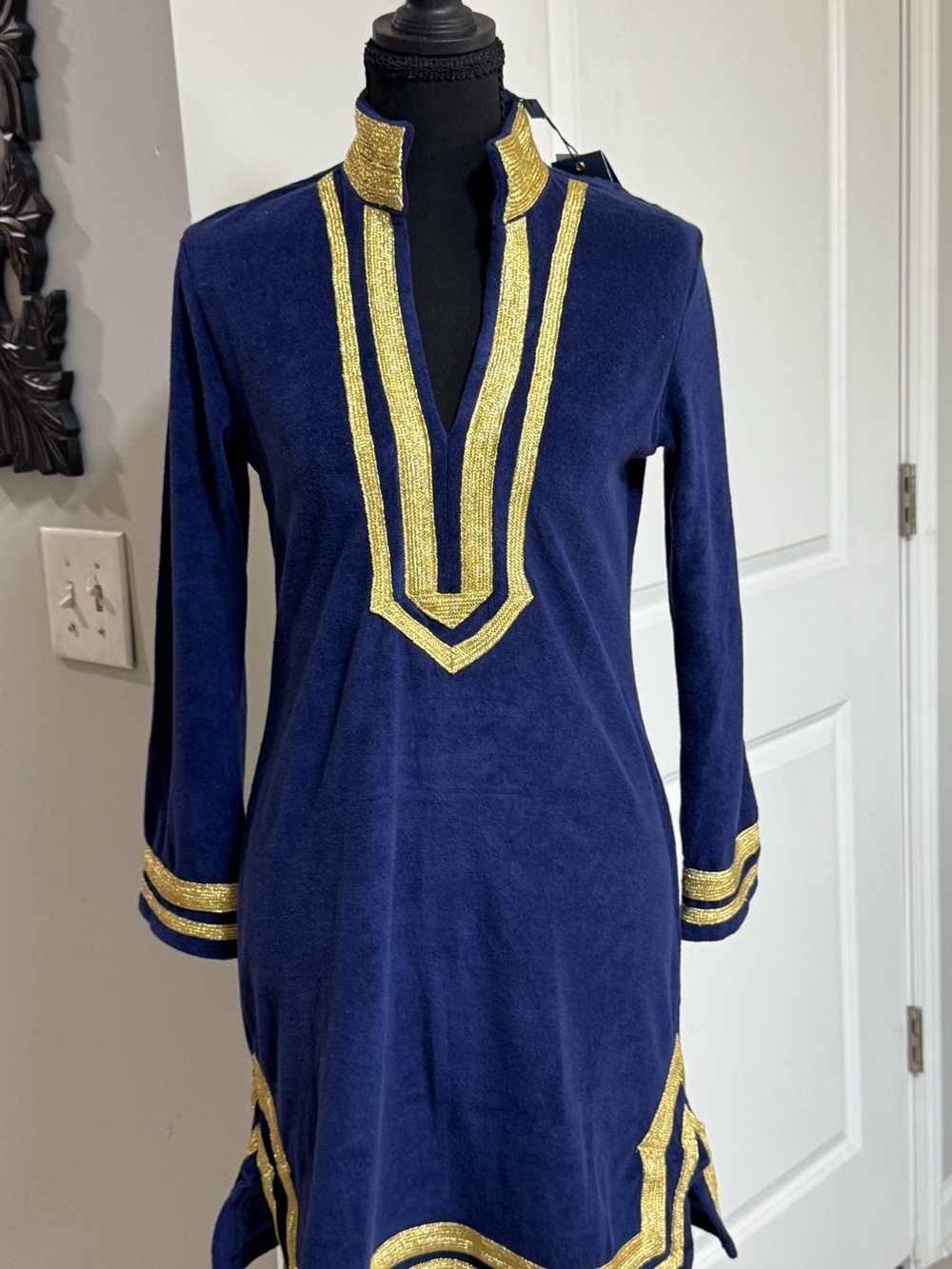 Cabana Life Navy and Gold Embellished Long Sleeve Tunic Dress